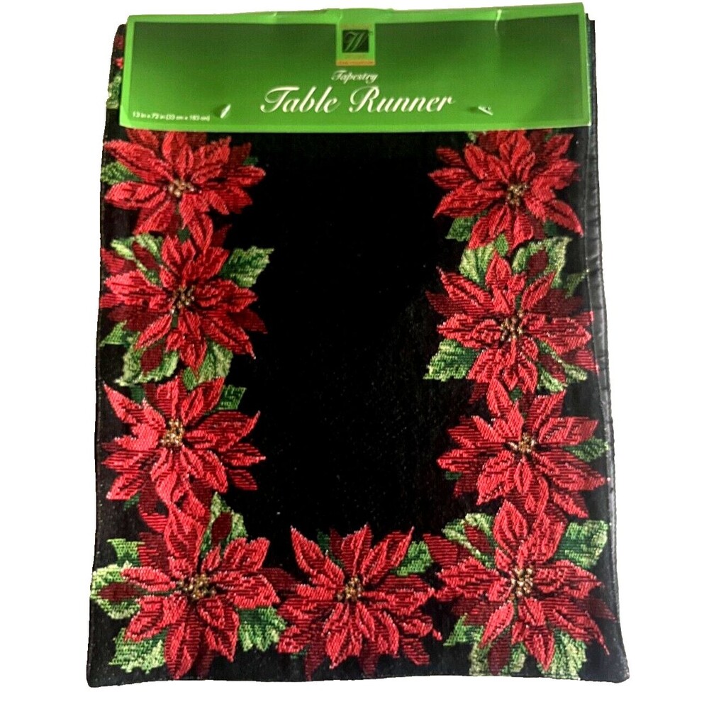 Christmas Poinsettia Table Runner Tapestry Satin Backed Winter Holiday 13x72